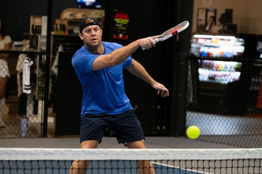 A forehand drive during Saturday bracket play